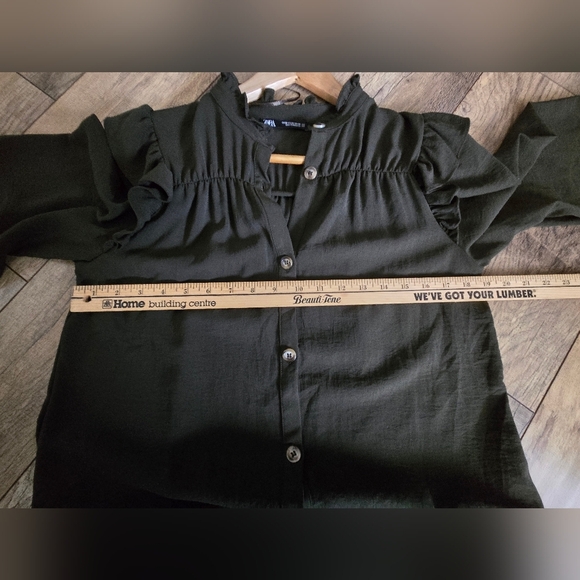 Zara Womens Oversized Xs Dark Green Ruffled Button-Up Dress - Picture 14 of 15